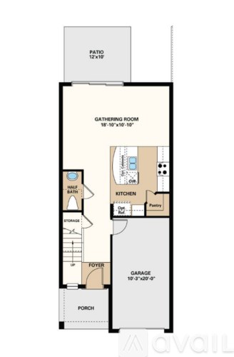 A floor plan of a house with a garage and a porch.