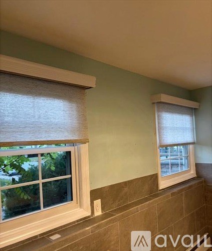 Two windows with blinds on a wall.