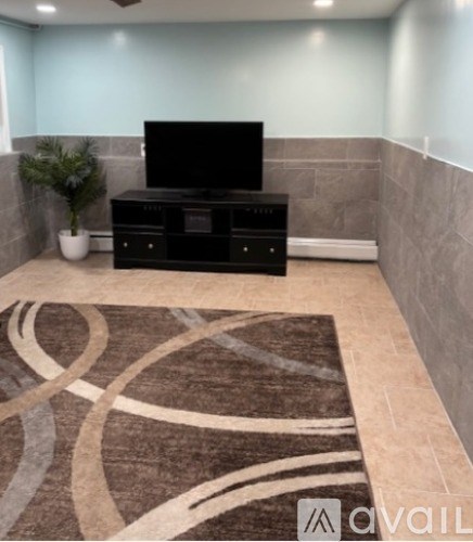 A black television set on a black cabinet in a room with a brown rug.