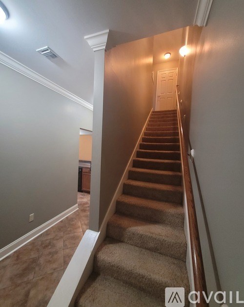 A staircase with a beige carpeted runner and wooden steps.