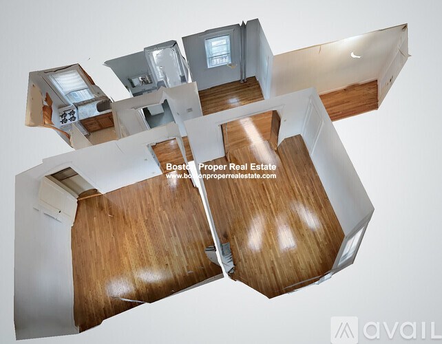 A 3D rendered image of a modern house with a wooden floor and white walls.