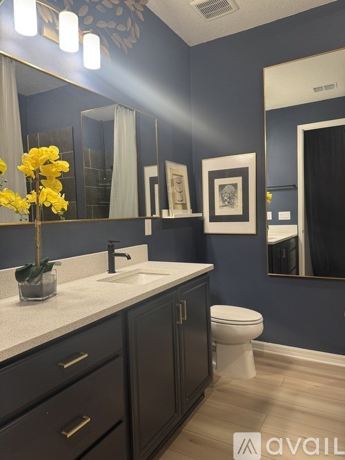 A bathroom with a sink, toilet, and a mirror.