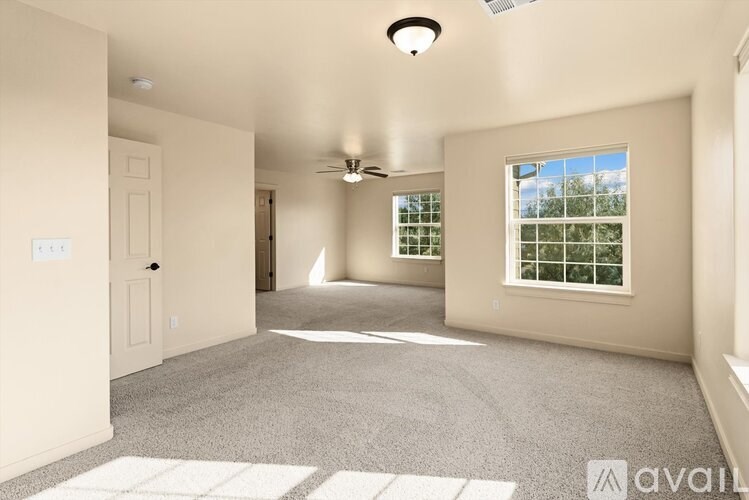 A spacious living room with a carpeted floor and a ceiling fan.