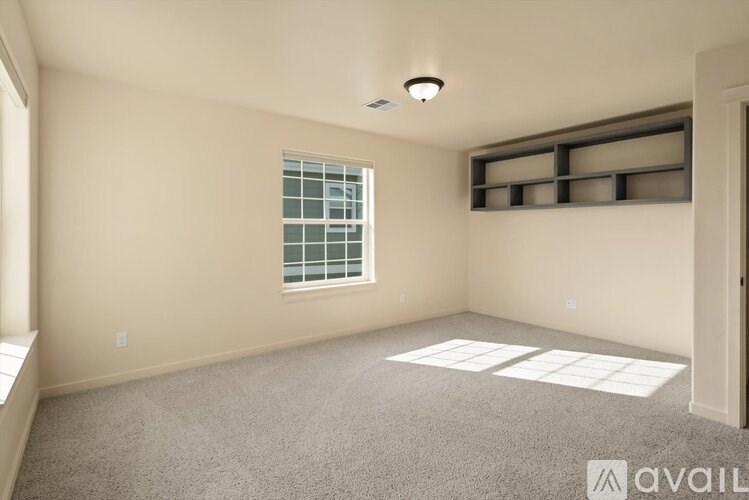 A room with a window and a carpeted floor.