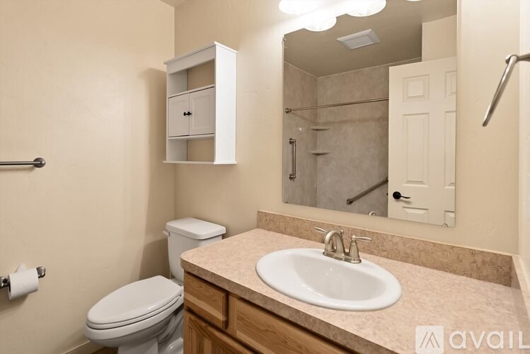 A bathroom with a toilet, sink, and mirror.