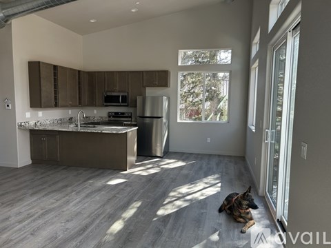 A dog is sitting on a wooden floor in a kitchen with a refrigerator and a microwave.
