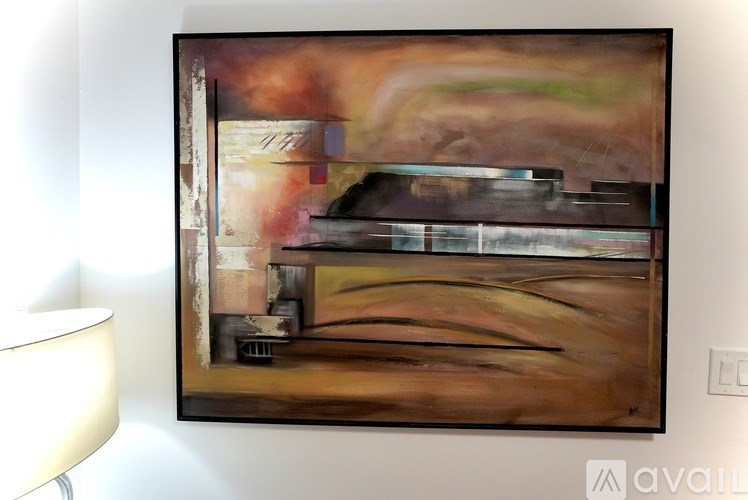 A painting of a cityscape with buildings and a bridge.