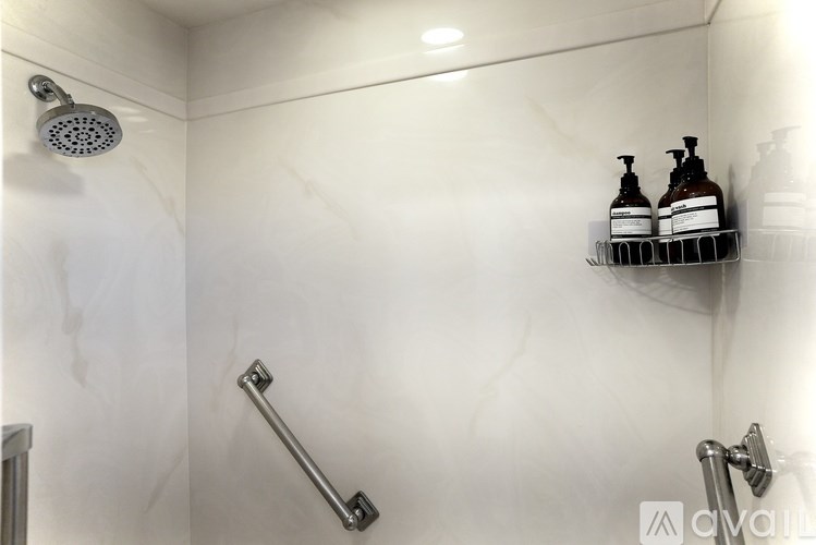 A shower head and grab bars in a white bathroom.