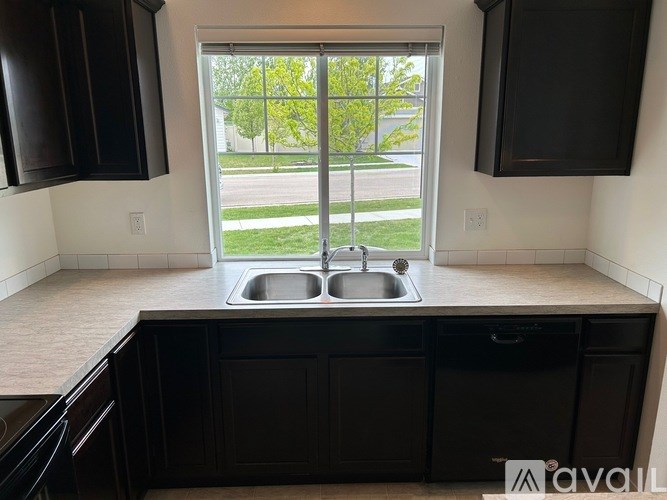 A kitchen with black cabinets and a window overlooking a street.