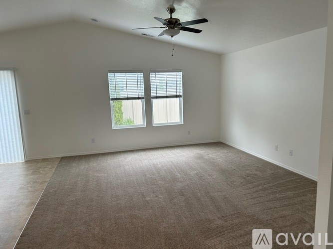 A room with a carpeted floor, a ceiling fan, and two windows.