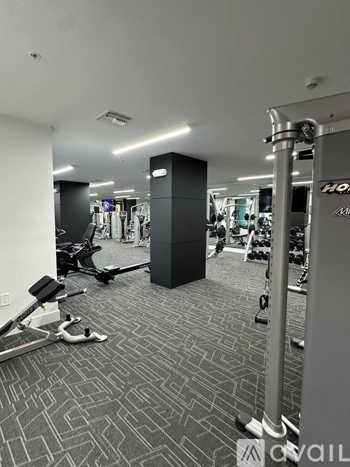 A gym with a variety of equipment including treadmills, weights and exercise machines.