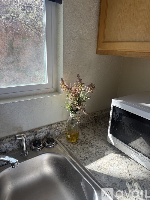 A kitchen with a sink and a window.