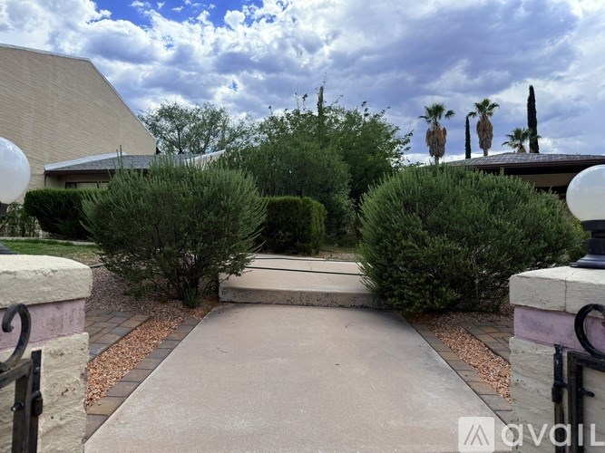 A garden pathway leads to a house with a palm tree in the background.