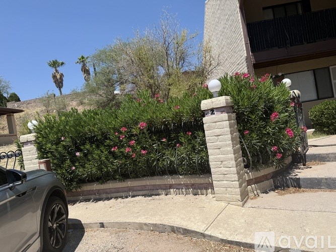 A grey car is parked on a street with a house and a wall with flowers in front.