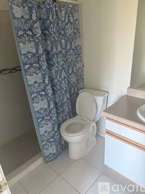 A bathroom with a toilet, sink, and shower curtain.