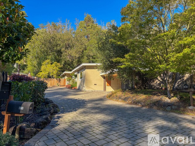 A driveway leads to a house with a garage.