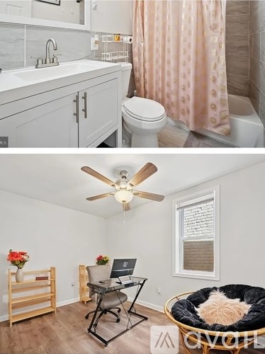 A bathroom with a toilet, sink, and shower curtain, and a home office with a desk and chair.