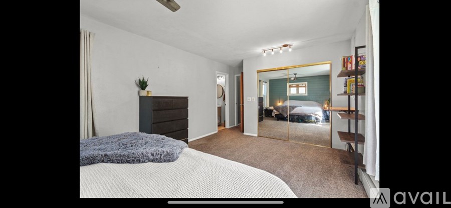 A bedroom with a bed, dresser, mirror, and a plant.
