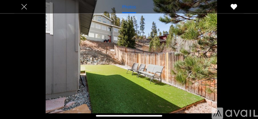 A backyard with a green lawn and a wooden fence.