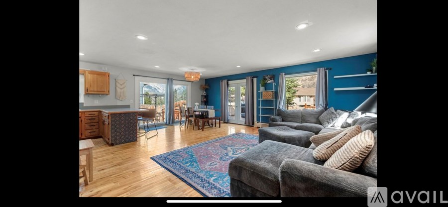 A living room with a grey couch and a blue rug.