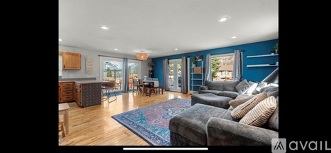 A living room with a grey couch and a blue rug.