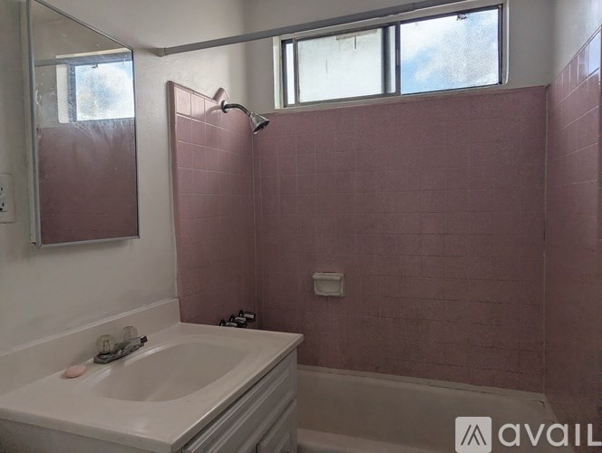 A bathroom with a pink tiled shower and a white sink.