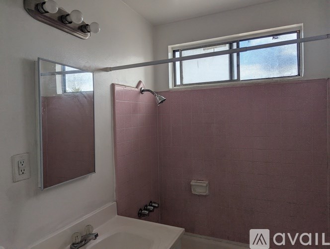 A bathroom with a pink tiled shower and a white bathtub.