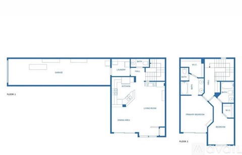 A floor plan of a two-story residential building with a garage on the first floor and a living area, dining area, and kitchen on the second floor.