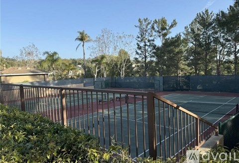 Tennis court surrounded by trees and bushes.