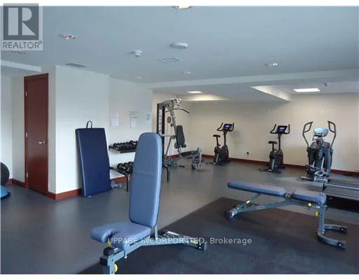 A gym with a variety of equipment including a bench, weights, and a treadmill.