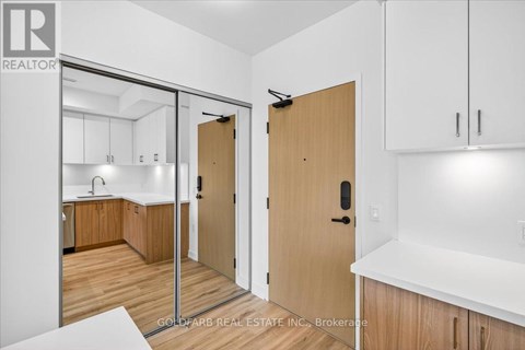 A modern kitchen with white cabinets and a wooden door.