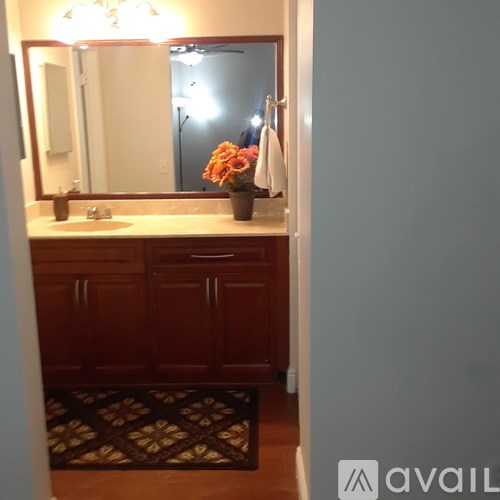 A bathroom with a sink, mirror, and wooden cabinets.