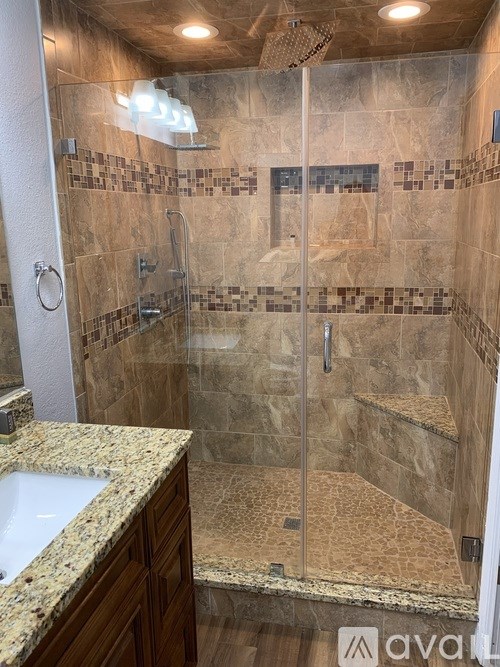 A bathroom with a walk-in shower and a sink.