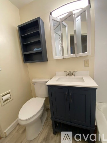 A bathroom with a white toilet and a sink with a cabinet above it.