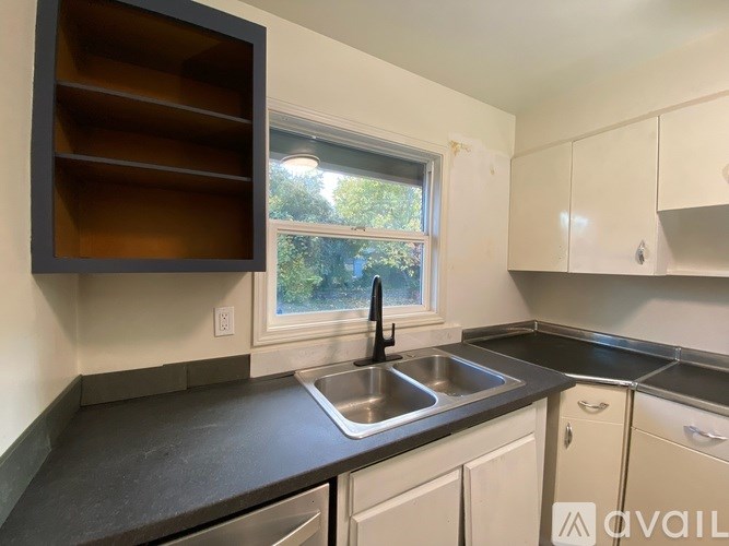 A kitchen with a sink and a window.