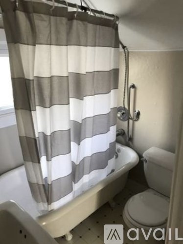 A bathroom with a striped shower curtain.
