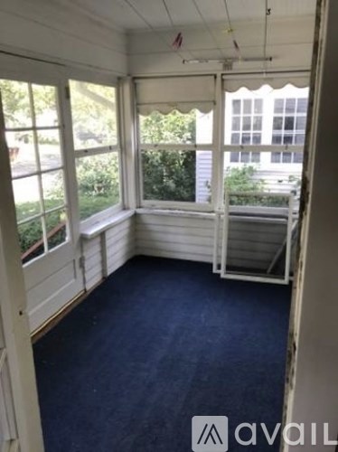 A room with a blue carpet and a window overlooking a green area.