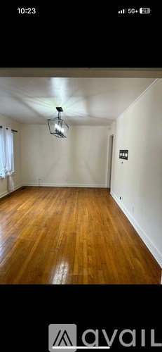 A room with wooden flooring and a light fixture on the ceiling.