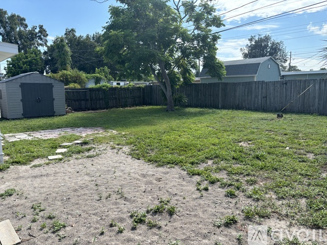 A backyard with a shed and a fence.