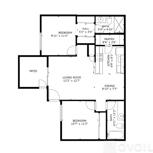 A black and white image of a floor plan for a house with a living room, kitchen, dining room, and two bedrooms.
