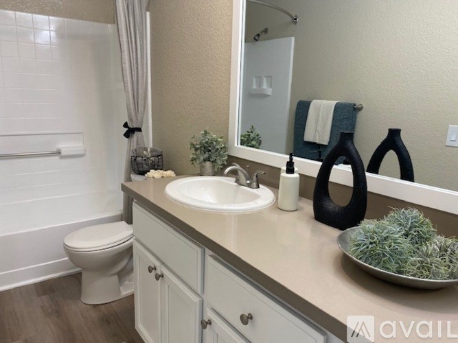 A bathroom with a toilet, sink, mirror, and a plant.