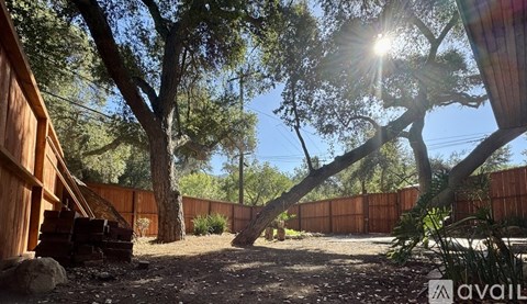 A backyard with a fence, trees, and a wooden structure.