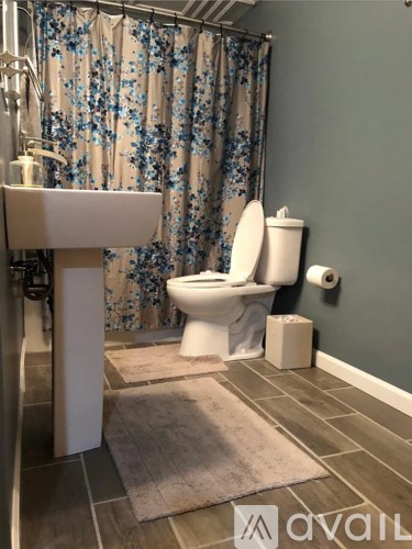 A bathroom with a white toilet and a shower curtain with blue flowers.