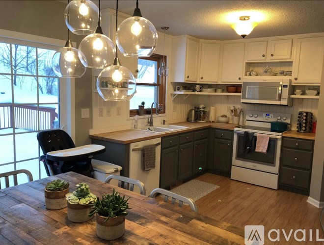 A kitchen with a table and chairs and plants on it.