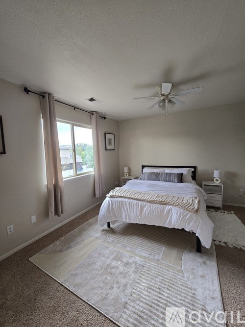 A bedroom with a bed, a ceiling fan, and a rug.