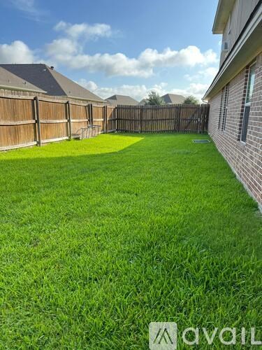 A backyard with a wooden fence and green grass.