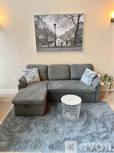 A grey couch with a white ottoman and a grey rug in front of it.