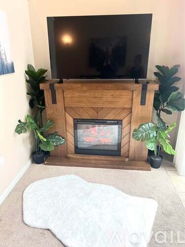 A fireplace with a TV above it and two plants on the sides.