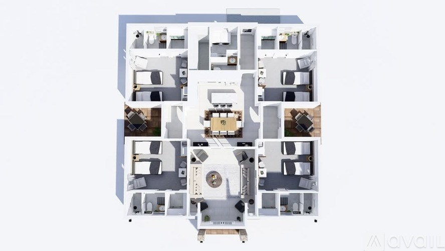 A floor plan of an apartment complex with multiple rooms and layouts.