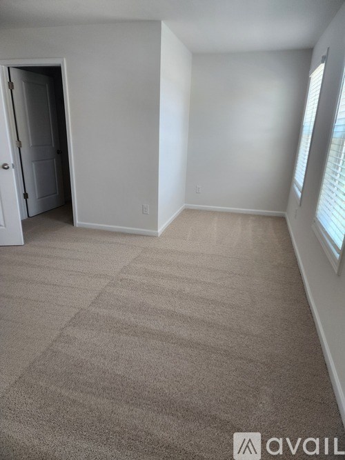 A carpeted room with a door and a window.